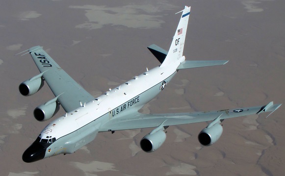 The RC-135RJ aerial reconnaisance aircraft, derived from the Boeing KC-135 tanker and 707 jetliner