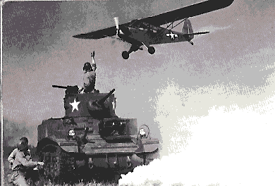 J-3 Cub, in Army olive-drab green, as L-4, flys over U.S. tank in World War II