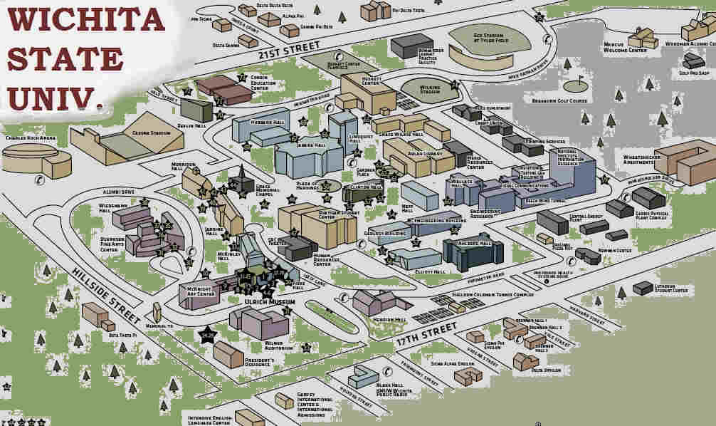 Wichita State University.  Most venues are on the lower-left side of the map (southwest area of campus) 