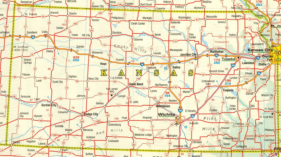 Kansas road map; CLICK to ENLARGE